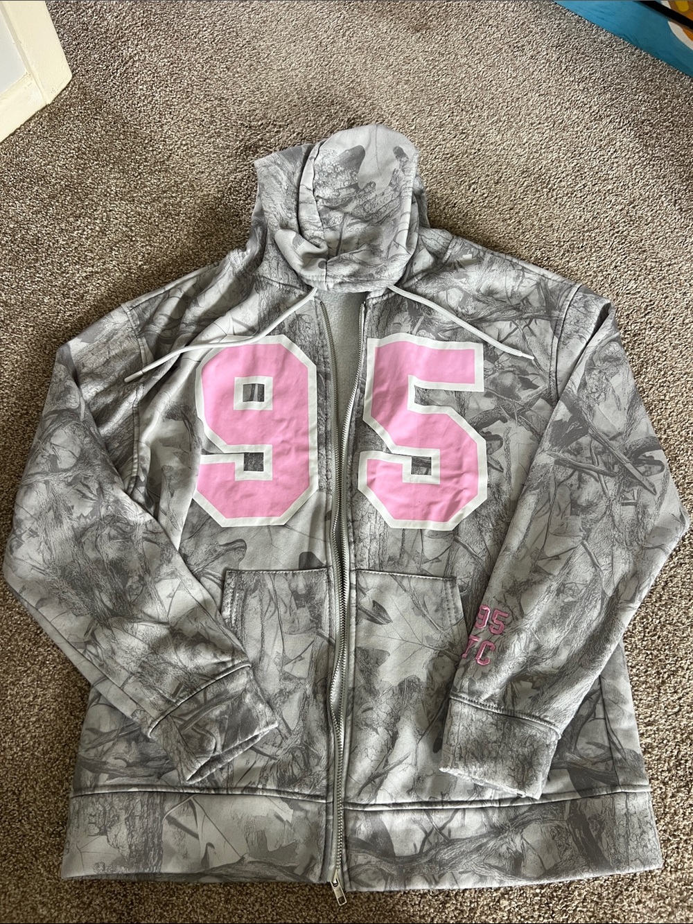 Charlotte Russe Gray Camo Zip Hoodie with Pink 95 Graphic